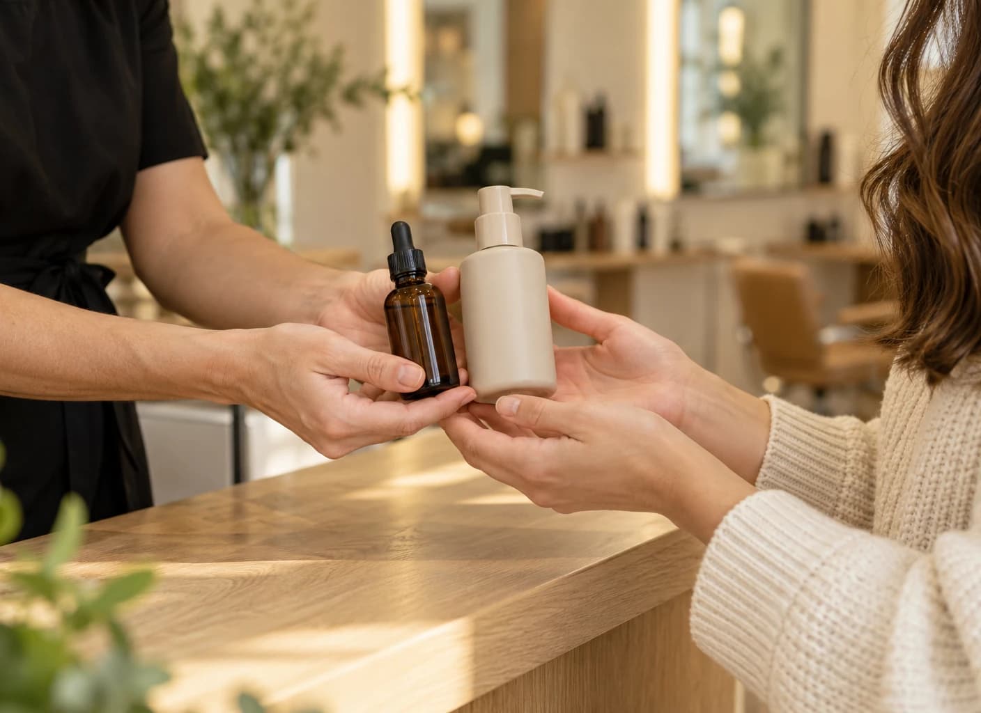 Stilist, müşteriye serum ve pompalı bakım şişesi uzatıyor